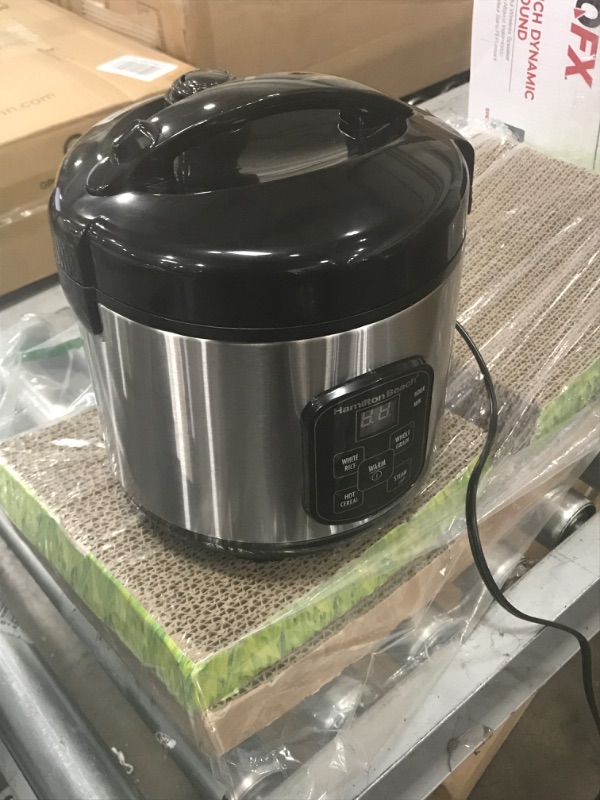 Photo 2 of Hamilton Beach Digital Programmable Rice Cooker & Food Steamer, 8 Cups Cooked (4 Uncooked), with Steam & Rinse Basket, Stainless Steel (New Open Box)
