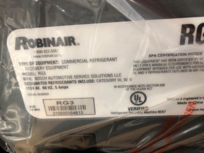 Photo 3 of ***PARTS ONLY*** Robinair (RG3 Portable Refrigerant Recovery Machine – 115V, 60Hz, for Both Liquid and Vapor Refrigerant, White
