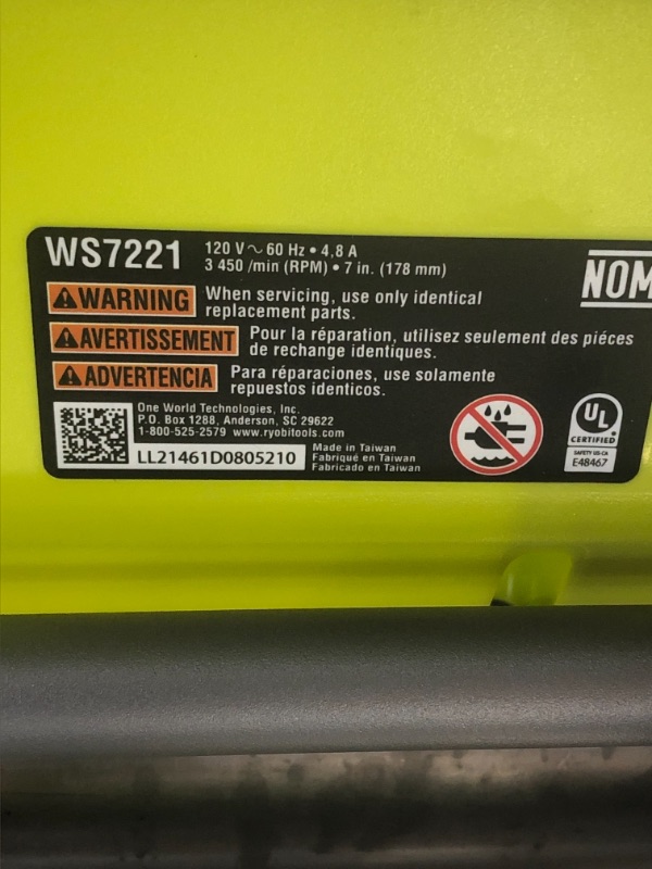 Photo 4 of (NOT FUNCTIONAL: power button broken)
Ryobi WS722 7 Inch 4.8 Amp Portable Tabletop Wet Tile Saw with Miter Guide and Induction Motor (New Open Box)