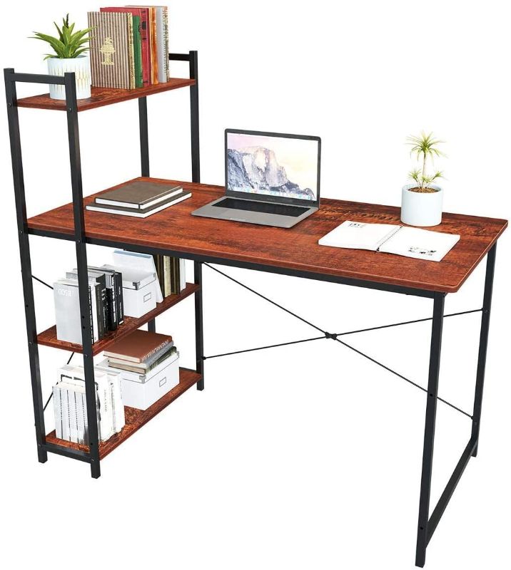 Photo 1 of FSTAR Computer Desk 47 Inch with Storage Shelves for Home Office Bedroom, Writing Study Table with Bookshelf Gaming Desk for Small Space, Sandalwood
