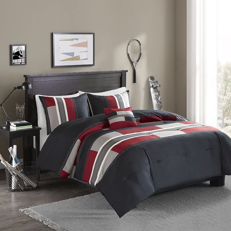 Photo 1 of Comfort Spaces All Season Cozy Comforter Set, Modern Casual Bedding Set, Active Lifestyle Boys Bedroom Décor, Pierre Black Red Stripe, Queen, 4 Piece