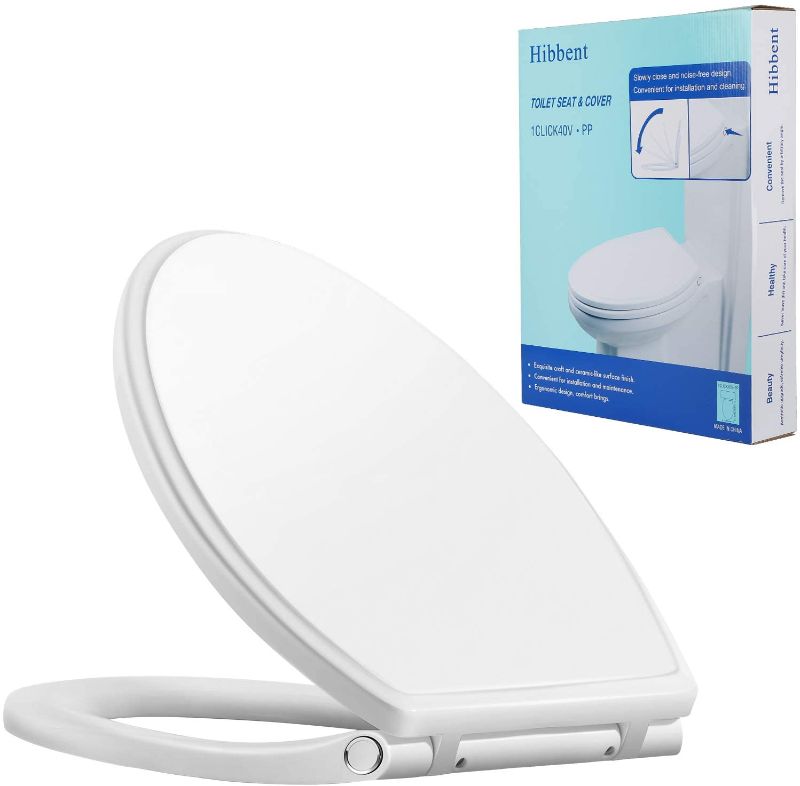 Photo 1 of Hibbent Premium One Click Elongated Toilet Seat with Cover(Oval)- Easy Installation and Quick-Release for Easy Cleaning - Stable Hinge Design to prevent shifting - Soft Closed - White Color(Elongated)