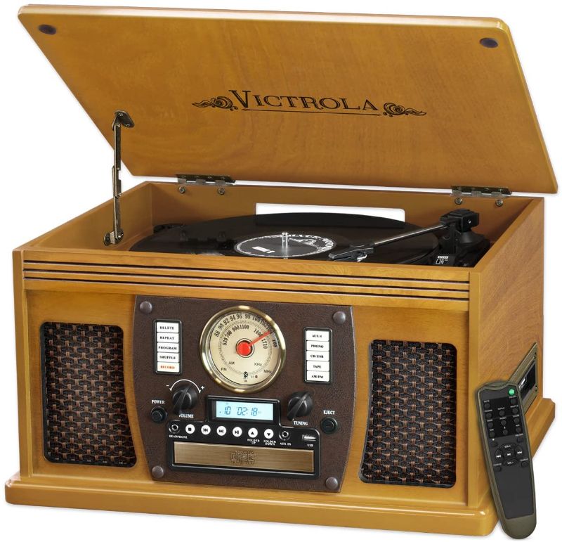 Photo 1 of Victrola 8-in-1 Bluetooth Record Player & Multimedia Center, Built-in Stereo Speakers - Turntable, Wireless Music Streaming, Real Wood | Oak
