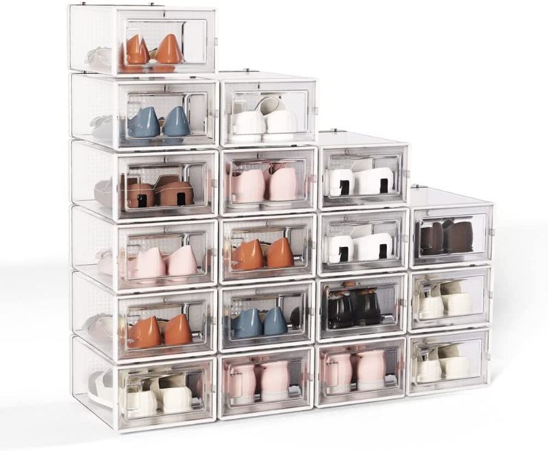 Photo 1 of 18 Pack Shoe Storage Box, Plastic Foldable Shoe Box, Stackable Clear Shoe Organizer (Medium/White)