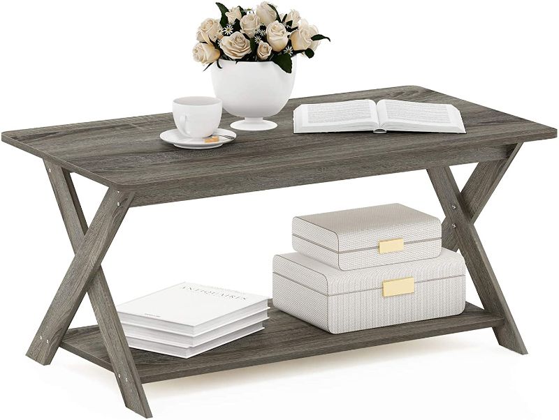Photo 1 of **MISSING HARDWARE**
Furinno Modern Simplistic Criss-Crossed Coffee Table, French Oak Grey
