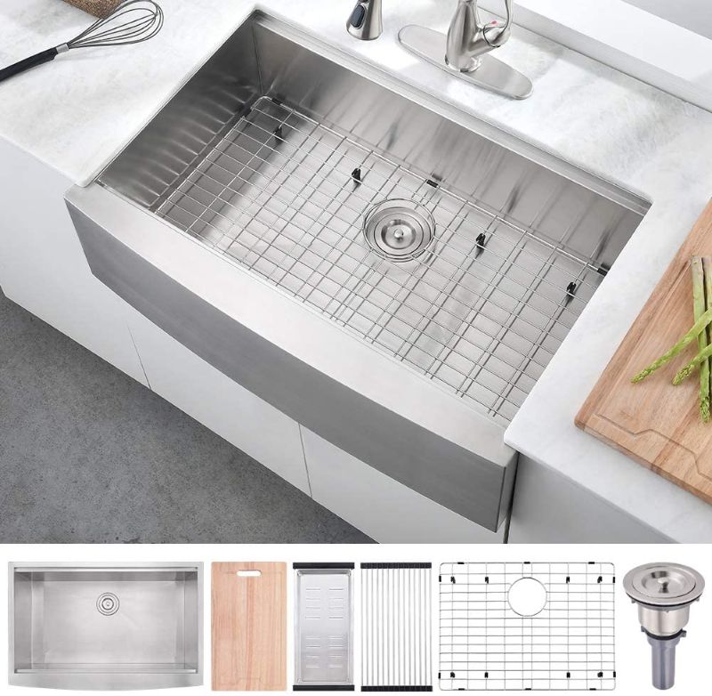 Photo 1 of 33 Inch 16 Gauge Stainless Steel Workstation Farmhouse Kitchen Sink, BoomHoze Handmade Deep Single Bowl Apron Front Kitchen Sink
MISSING ONE ITEM SEE PICTURES