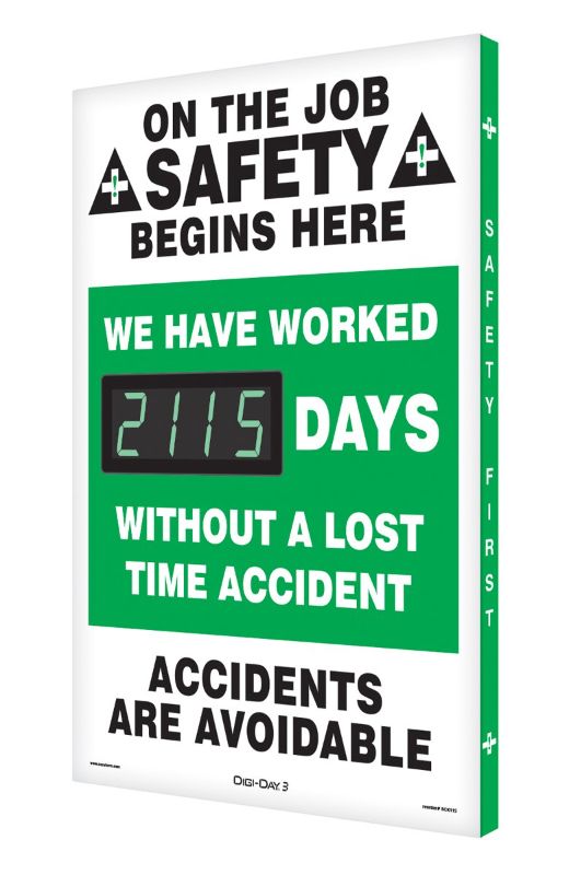 Photo 1 of SCK115 Aluminum Digi-Day Electronic Scoreboard, "ON THE JOB SAFETY BEGINS HERE - WE HAVE WORKED #### DAYS WITHOUT A LOST TIME ACCIDENT - ACCIDENTS ARE AVOIDABLE"