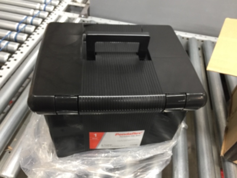 Photo 2 of *Damage shown in picture*
Pendaflex Portable File Box with File Rails, Hinged Lid with Double Latch Closure, Black, 3 Black Letter Size Hanging Folders Included (41742AMZ)
