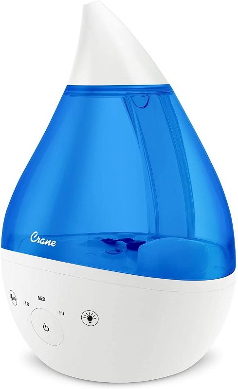 Photo 1 of *Tested and does not function*
Crane 4-in-1 Drop Ultrasonic Cool Mist Humidifier, 1 Gallon, Top Fill Humidifier, 24 Hour Run Time, with Optional Sound Machine and Color Changing Nightlight, Blue/White
