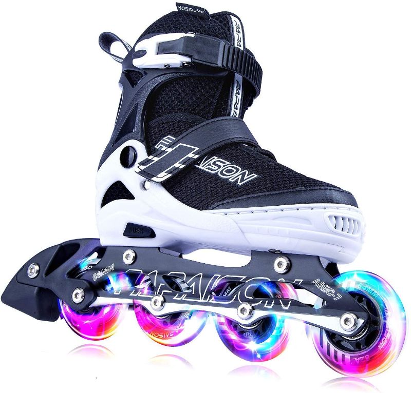 Photo 1 of PAPAISON Adjustable Inline Skates for Kids and Adults with Full Light Up Wheels , Outdoor Roller Skates for Girls and Boys, Men and Women
(Black & White) U.S. 5-7.5 Kids/Men
U.S. Women 6-9