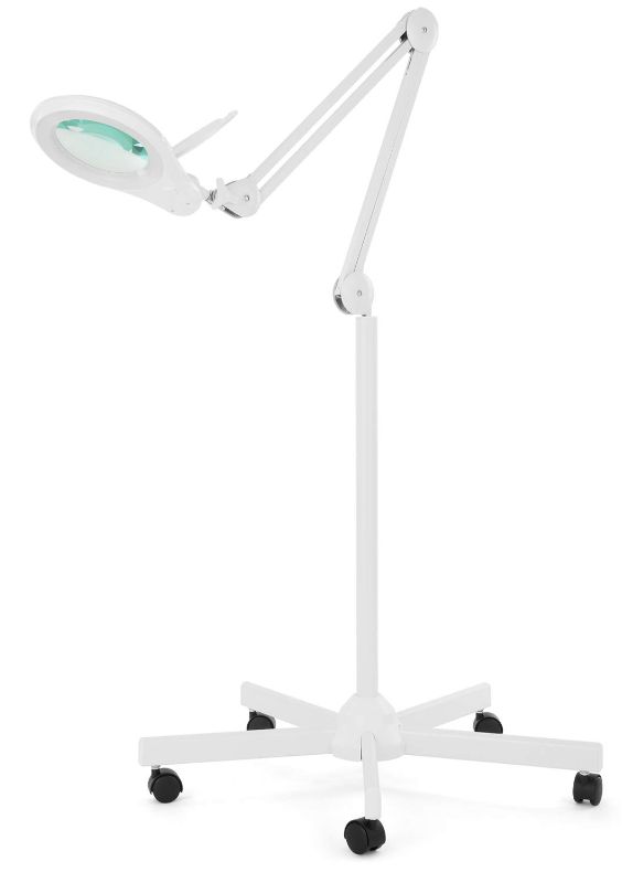 Photo 1 of (New Model) Neatfi Bifocals 1,200 Lumens Super LED Magnifying Floor Lamp with 5 Wheels Rolling Base, 5 Diopter with 20 Diopter, Dimmable, 5 Inches Diameter Lens, Adjustable Arm Magnifier (White)
