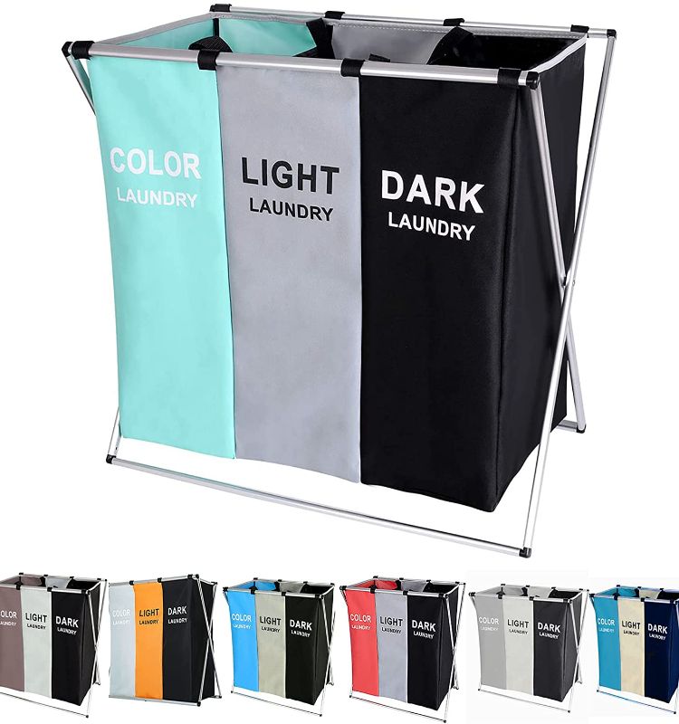 Photo 1 of 135L Laundry Cloth Hamper Sorter Basket Bin Foldable 3 Sections with Aluminum Frame 26''×24''H Washing Storage Dirty Clothes Bag for Bathroom Bedroom Home Storage basket (3 Liner, Green+grey+black)
