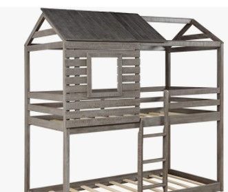 Photo 1 of ***BOX 2 OF 3*** ***INCOMPLETE***Twin Bunk Bed with Roof, Wooden House Bed with Window, Guardrail, Ladder for Kids, Teens, Girls, Boys (Antique Gray)