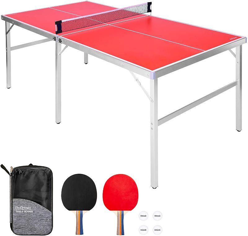 Photo 1 of GoSports Mid-Size Table Tennis Game Set - Indoor/Outdoor Portable Table Tennis Game with Net, 2 Table Tennis Paddles and 4 Balls
