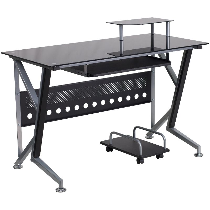 Photo 1 of Flash Furniture Glass Computer Desk with Pull-Out Keyboard Tray and CPU Cart, Black
