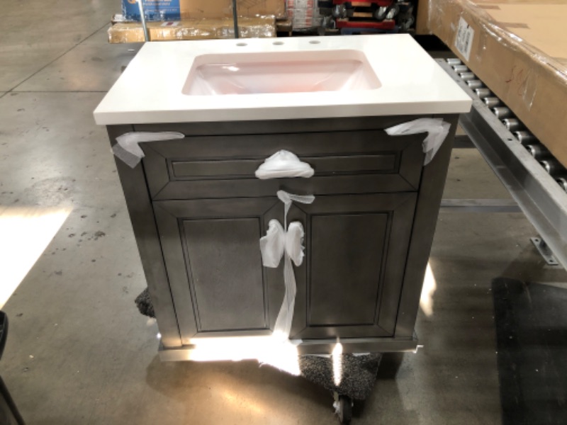 Photo 7 of (CRACKED UPPER FRONT CORNER; SIDE) 
Home Decorators Collection Grovehurst 30 in. W X 34.5 in. H Bath Vanity in Antique Grey with Engineered Stone Vanity Top in White with White Basin
