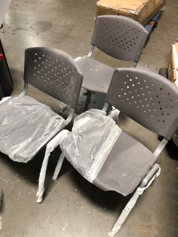 Photo 2 of (DAMAGED SEAT EDGE) 
Gray Plastic Stack Chair, pack of 3
