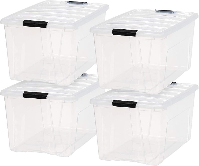 Photo 1 of **DAMAGED**
IRIS USA TB Clear Plastic Storage Bin Tote Organizing Container with Durable Lid and Secure Latching Buckles, 72 Qt, 4 Count

