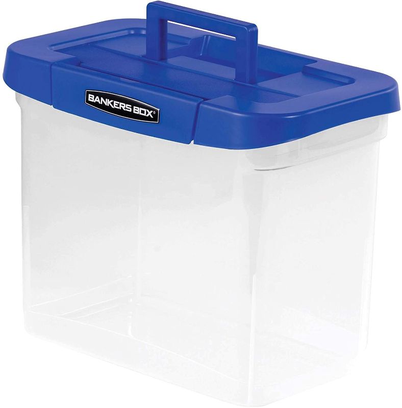 Photo 1 of **LID IS DAMAGED**
Bankers Box® Heavy-Duty Portable Storage File Box, 10 3/4" x 6 3/4" x 11 3/4", Blue/Clear
