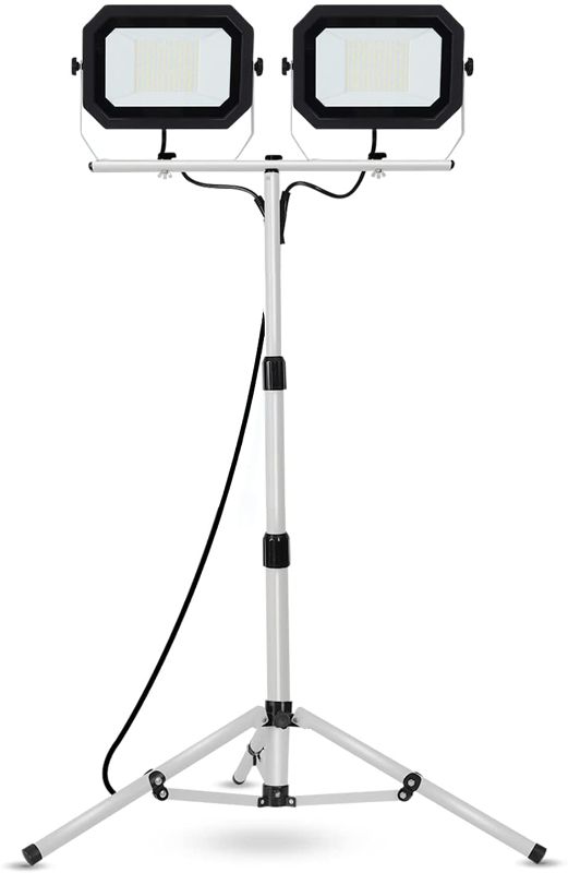 Photo 1 of 20000 Lumen Work Lights with Stand, 200W Dual Head LED Work Light, Waterproof Lamp with Individual Switch, Adjustable Metal Telescoping Tripod 10Ft Power Cord UFOND