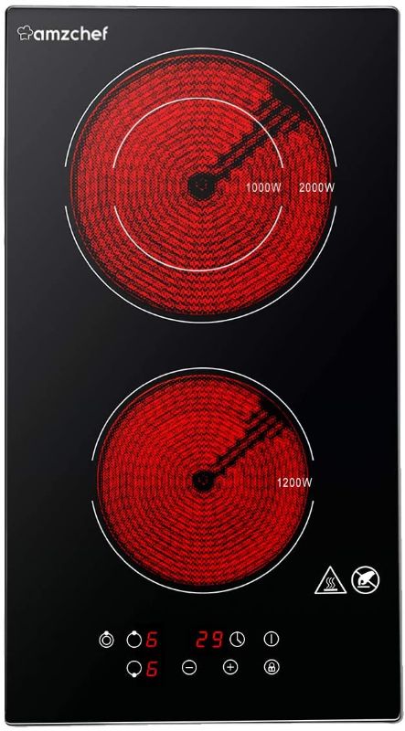 Photo 1 of Electric Cooktop 2 Burner, AMZCHEF 12 Inch Built-in Electric Ceramic Cooktop with Dual Zone(1000W&2000W), 9 Heating Level, 3-Hour Timer, 240V, Child Safety Lock, 3200W, Polished Crystal Glass Surface