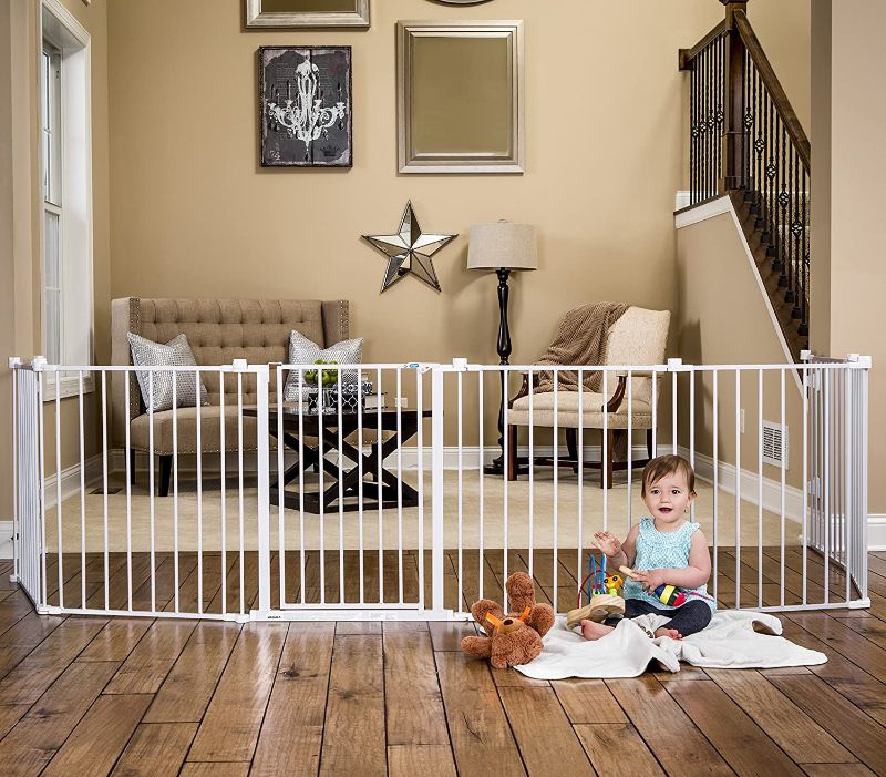 Photo 1 of Cumbor 51.6-Inch Baby Gate Extra Wide, Easy Walk Thru Dog Gate for The House, Auto Close Baby Gates for Stairs, Doorways, Includes 2.75", 5.5" and 11" Extension Kit, Mounting Kit,White