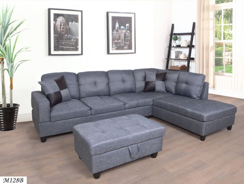 Photo 2 of 3 PC Sectional Sofa Set, Gray Linen Right -Facing Chaise with Free Storage Ottoman