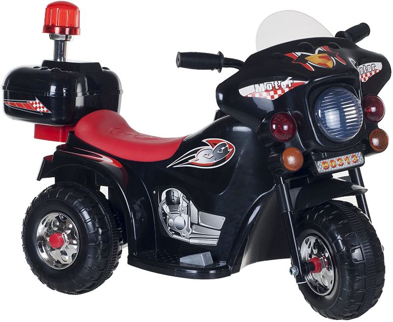 Photo 1 of Ride On Motorcycle for Kids – 3-Wheel Battery Powered Motorbike for Kids Ages 3 -6 – Police Decals, Reverse, and Headlights by Lil’ Rider (Black)
