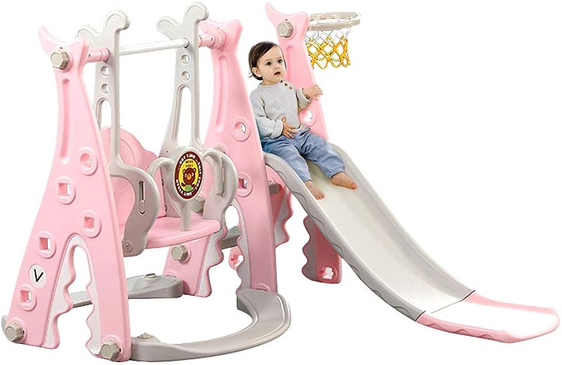 Photo 1 of **INCOMPLETE** Toddler Slide and Swing Set 4-in-1 Baby Slide Set with Basketball Hoop Kids Fun Playing Climber Sliding Playset Safe Slide for Children Easy Set Up for Indoor Outdoor in Your Beautiful Backyard (Pink)
