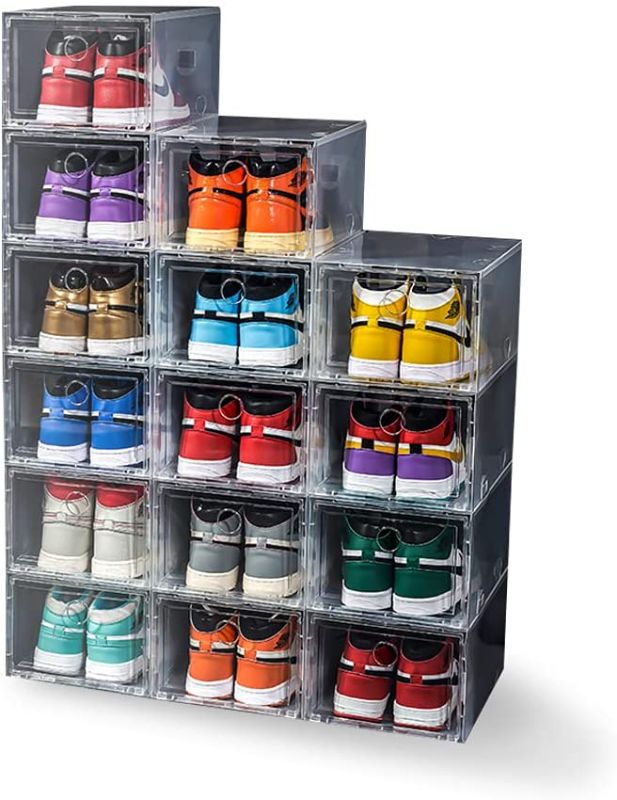 Photo 1 of 12 Pack Shoe Storage Boxes, Shoe Box Plastic Stackable, Drawer Type Front Opening Shoe Holder Containers(White)
