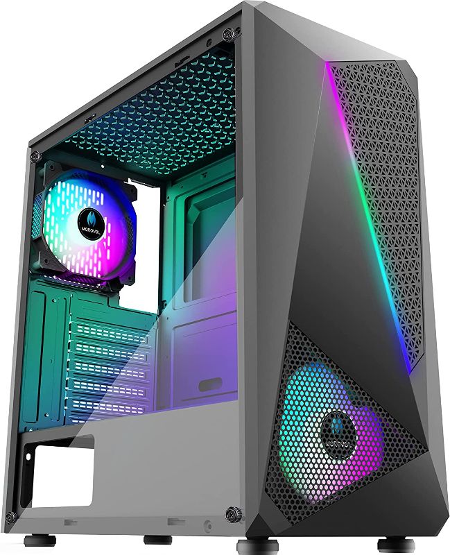 Photo 1 of MOROVOL ATX PC Case with LED Light Strip Irregular Front Panel Mid Tower Gaming Computer Case 2pcs 120mm RGB Fan Pre-Installed (704-N2)
