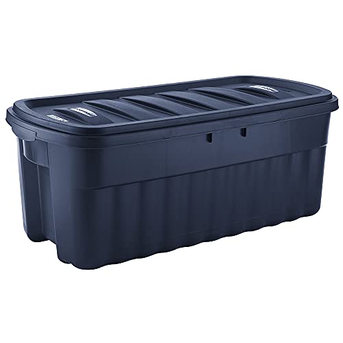 Photo 1 of ***DIRTY, PACK OF 2, DAMAGE SHOWN IN PICTURE*** Rubbermaid Roughneck 50 Gallon Storage Container, 50 Gal - 2 Pack, Dark Indigo Metallic
