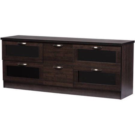 Photo 1 of ***MISSING HARDWARE***Baxton Studio Adelino 63 Inches Dark Brown Wood TV Cabinet with 4 Glass Doors and 2 Drawers
