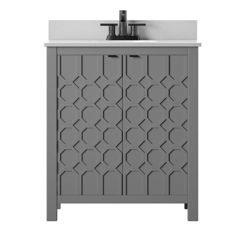 Photo 1 of 30 in. Geometric Door Bath Vanity in Gray with Stone Vanity Top in White with White Basin
