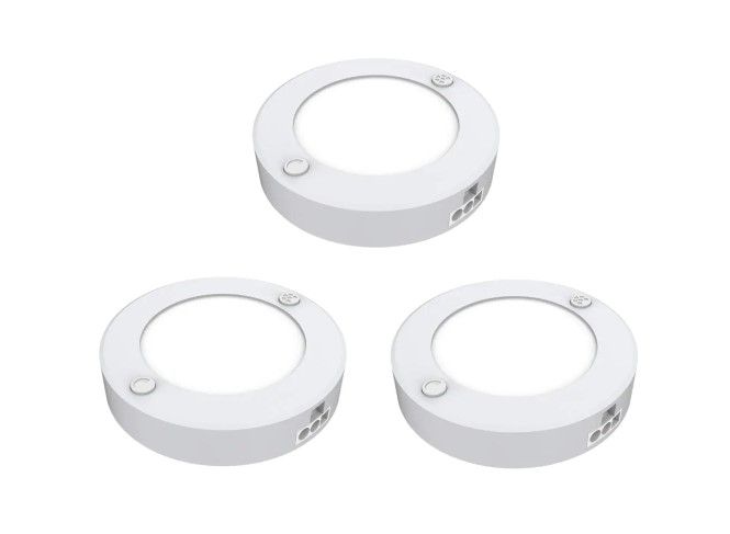 Photo 1 of 3 in. Plug-in White Linkable Onesync Under Cabinet Integrated LED Puck Light with Color Changing CCT (3-Pack)
