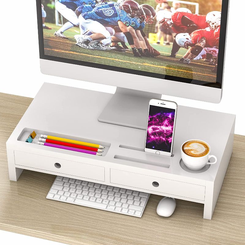 Photo 1 of Monitor Stand Riser with Drawer - White Wood Computer Desk Organizer Storage 20.50L 10.60W 4.80H Inch
