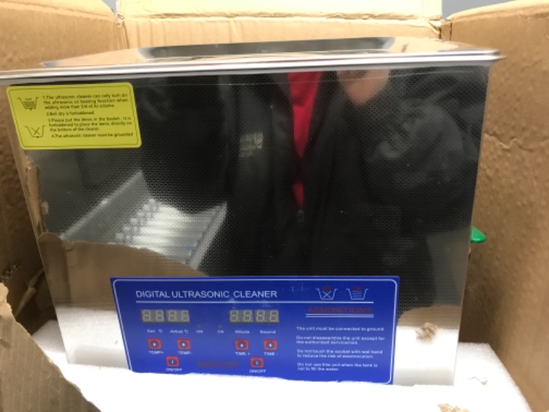 Photo 4 of VEVOR Professional Ultrasonic Cleaner 10L/2.5 Gal, Easy to Use with Digital Timer & Heater, Stainless Steel Industrial Machine for Jewelry Dentures Small Parts, 110V, FCC/CE/RoHS Certified previously opened but in good condition. box has some damage but d