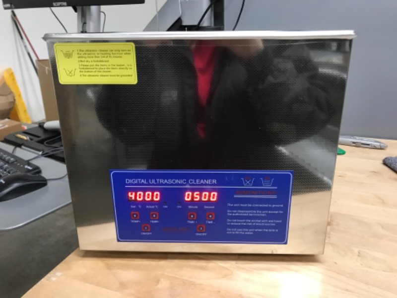 Photo 2 of VEVOR Professional Ultrasonic Cleaner 10L/2.5 Gal, Easy to Use with Digital Timer & Heater, Stainless Steel Industrial Machine for Jewelry Dentures Small Parts, 110V, FCC/CE/RoHS Certified previously opened but in good condition. box has some damage but d