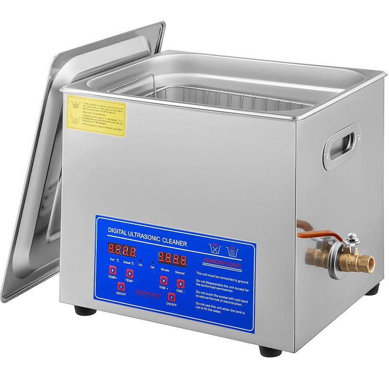 Photo 1 of VEVOR Professional Ultrasonic Cleaner 10L/2.5 Gal, Easy to Use with Digital Timer & Heater, Stainless Steel Industrial Machine for Jewelry Dentures Small Parts, 110V, FCC/CE/RoHS Certified previously opened but in good condition. box has some damage but d