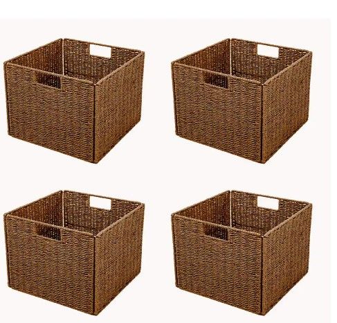 Photo 1 of 12 in. H x 12 in. W x 12 in. D Brown Wicker Cube Storage Bin 4-Pack
