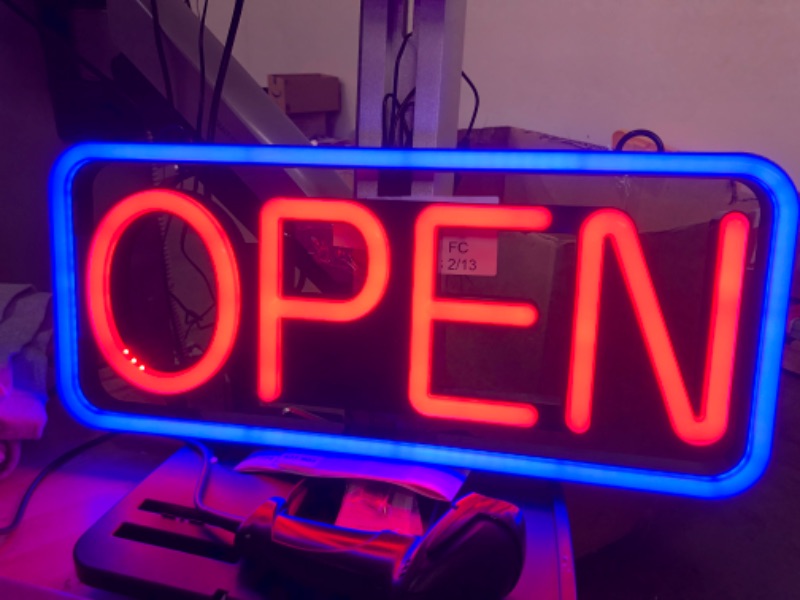 Photo 1 of Ultra Bright?LED Open Sign for Business Office Bar Barber or Salon with Remote and Cord Switch, Steady-Scrolling-Flashing Modes, Red & Blue, 21inch
