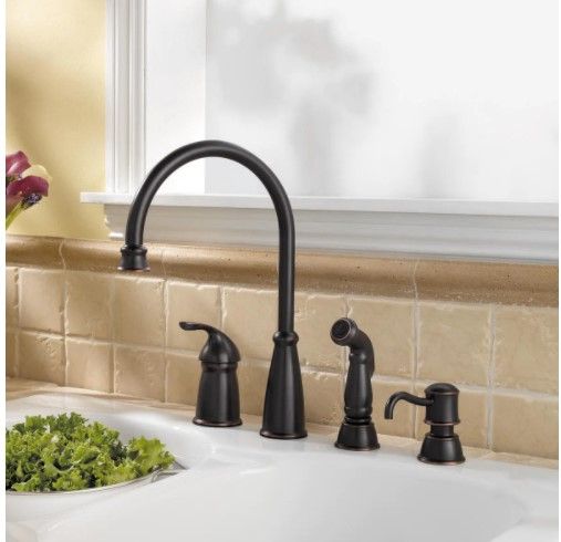 Photo 1 of **INCOMPLETE**
Avalon Single-Handle High-Arc Standard Kitchen Faucet with Side Sprayer and Soap Dispenser in Tuscan Bronze
