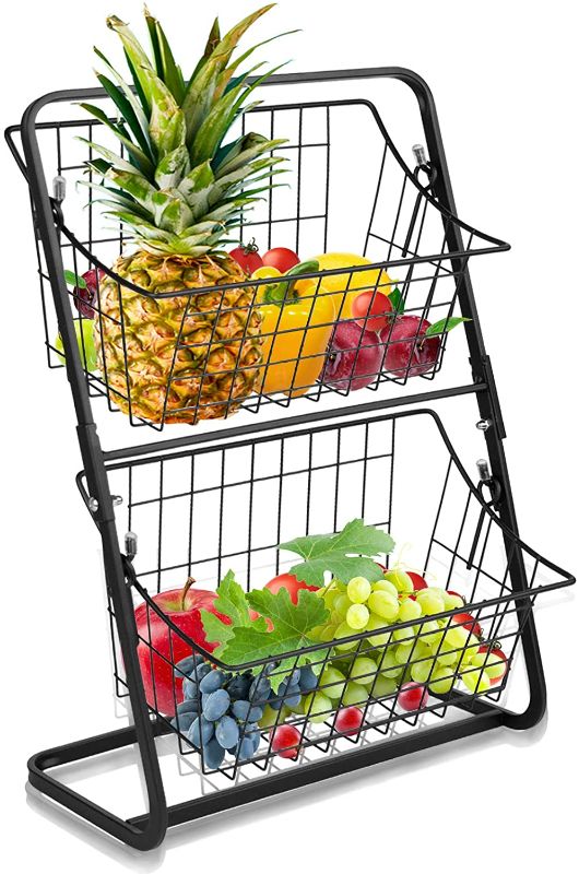 Photo 1 of 2-Tier Metal Fruit Basket Stand for Kitchen, LASZOLA Mini Countertop Multipurpose Storage Rack Hanging Basket Organizer for Vegetables, Household Items, Toiletries (Black)
