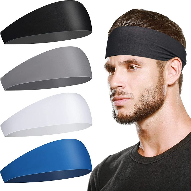 Photo 1 of **pack of 3**
Sports Headbands for Men Sweatband - 4 Pack Sweat Band Headbands Men Head Bands Stretch for Long Hair, Workout Headband for Men Women, Yoga Running Cycling Basketball Wide Non Slip Cloth Headbands Men
