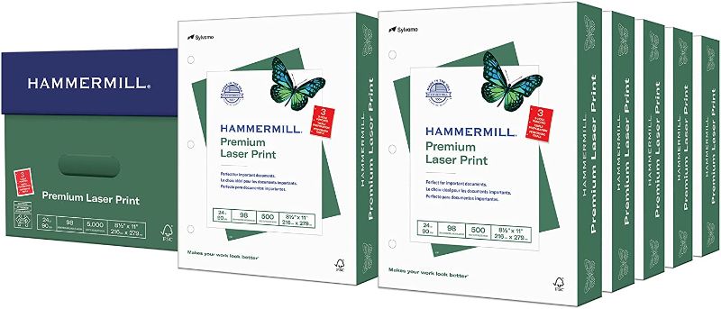 Photo 1 of Hammermill Printer Paper, Premium Laser Print 24 lb, 3 Hole - 10 Ream (5,000 Sheets) - 98 Bright, Made in the USA, 107681C
