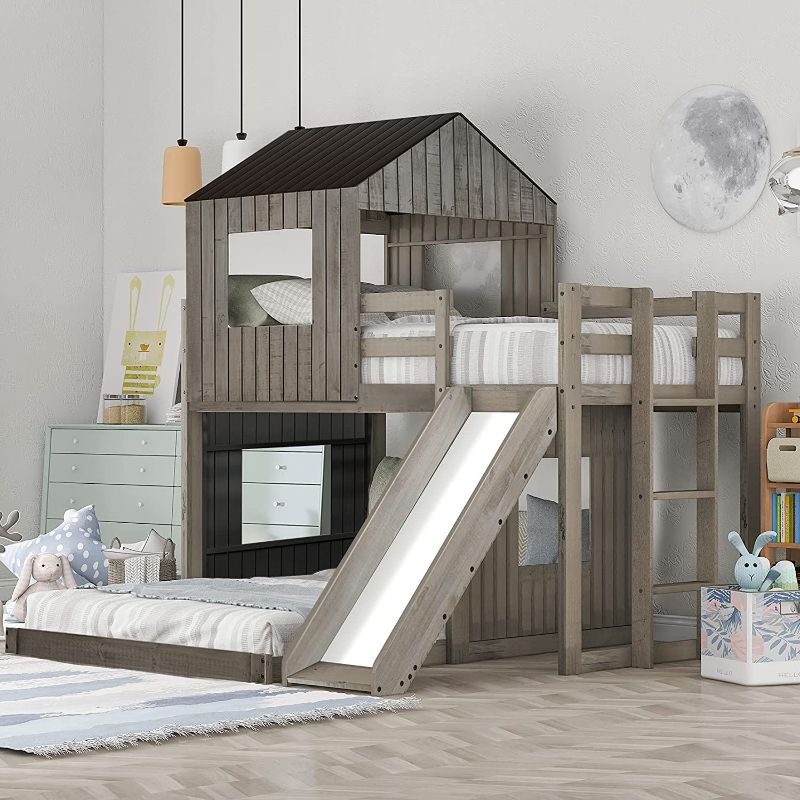 Photo 1 of INCOMPLETE House Bed Bunk Beds with Slide, Wood Bunk Beds with Roof and Guard Rail for Kids, Toddlers, No Box Spring Needed (BOX 3 OUT OF 3)
**MISSING BOX 1 AND 2**
