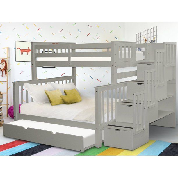 Photo 1 of *** BOX 2 OF 3, INCOMPLETE*** Bedz King Stairway Bunk Beds Twin over Full with 4 Drawers in the Steps and a Full Trundle, Gray
