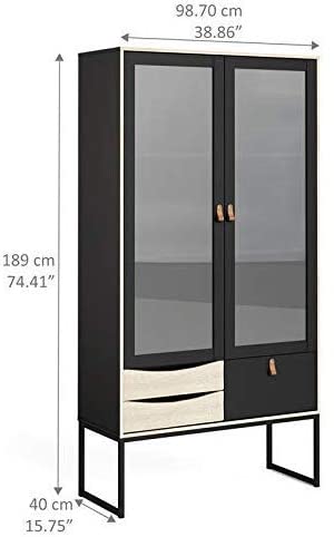 Photo 1 of *** INCOMPLETE, BOX 2 OF 2 *** Tvilum 2 Glass Door China Cabinet with 3 Drawers, Black Matte/Oak Structure
