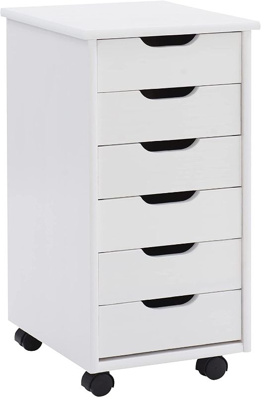 Photo 1 of *** HARDWARE LOOSE IN BOX, PARTS ONLY **** Linon Home Decor Products Corinne Six Drawer Storage, White Wash Rolling Cart

