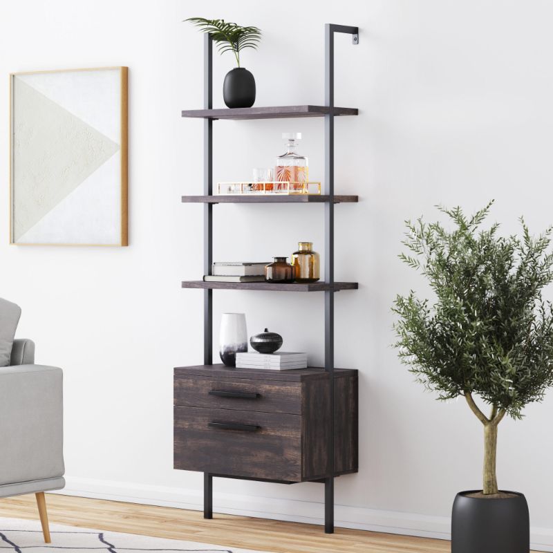 Photo 1 of *** FACTORY PACKAGED ***Nathan James Theo Open Shelf Industrial Bookcase with Drawers in Warm Nutmeg Wood and Black Steel Frame
